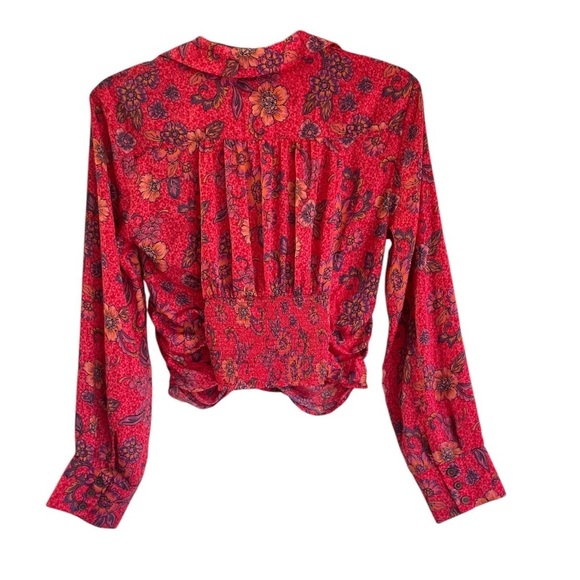 Free People Long Sleeve Floral V-Neck I Got You Printed Top Red Size Medium - Picture 3 of 16